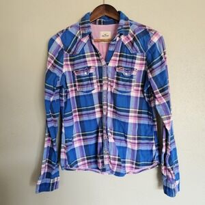 Hollister Womens L Plaid Western Flannel Shirt Pearl Snap Buttons Y2K Gingham